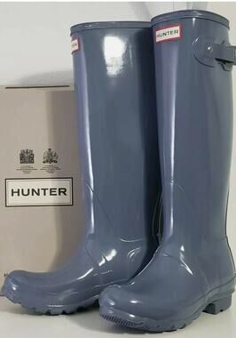 Hunter Women's 9 Original Tall Gloss Rain Boots $190 Waterproof Pull On Gray